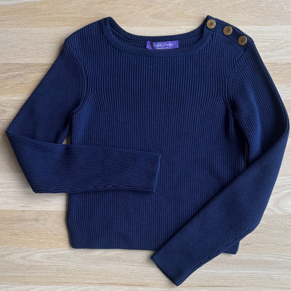 Ralph Lauren Purple Label Navy Sweater with Gold Shoulder Buttons